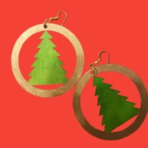 Round Wood Christmas Tree Earrings